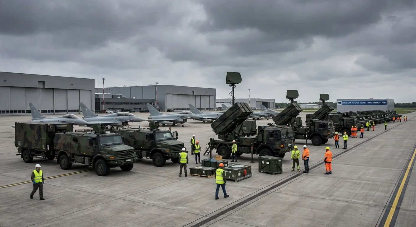 European military aircraft and defense equipment at a procurement facility