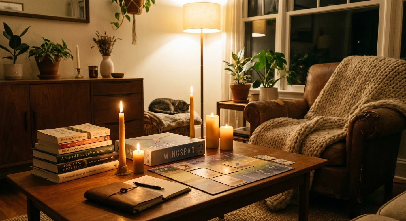 Cozy evening scene with candles, books, and board games laid out on table