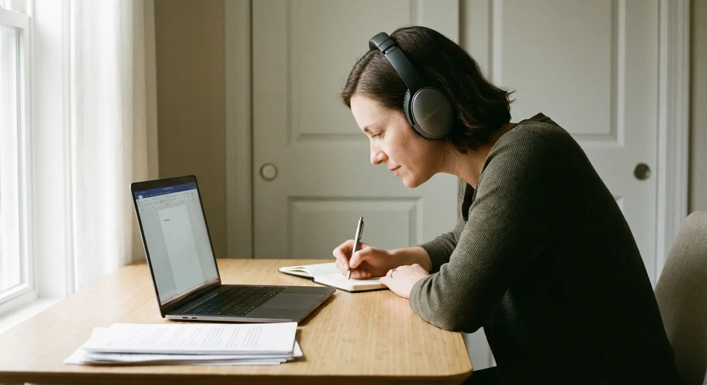 Person doing focused deep work at desk, calm concentration, no distractions visible