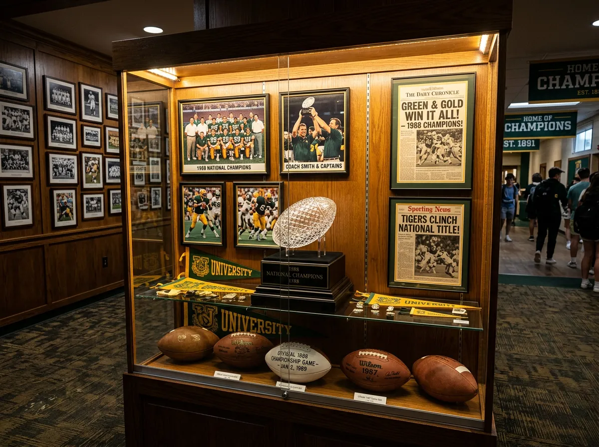 An old trophy case at a university football facility displaying championship memorabilia