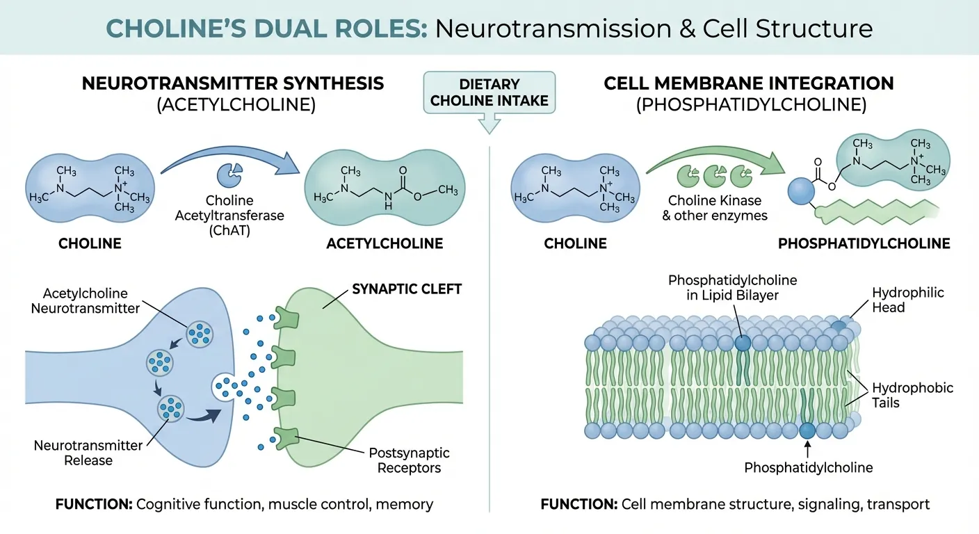 Diagram showing choline's role in acetylcholine synthesis and brain cell membrane structure