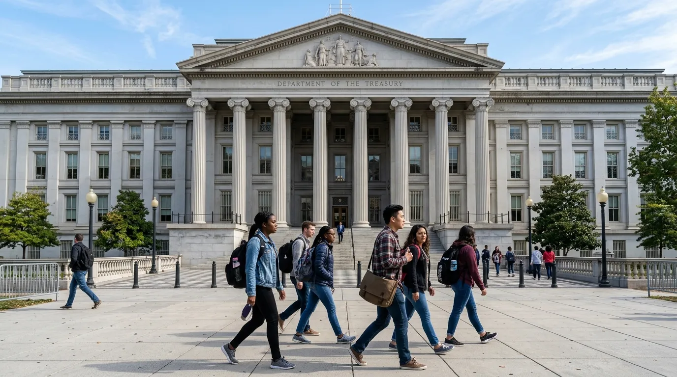 The US Treasury building in Washington DC with students walking past