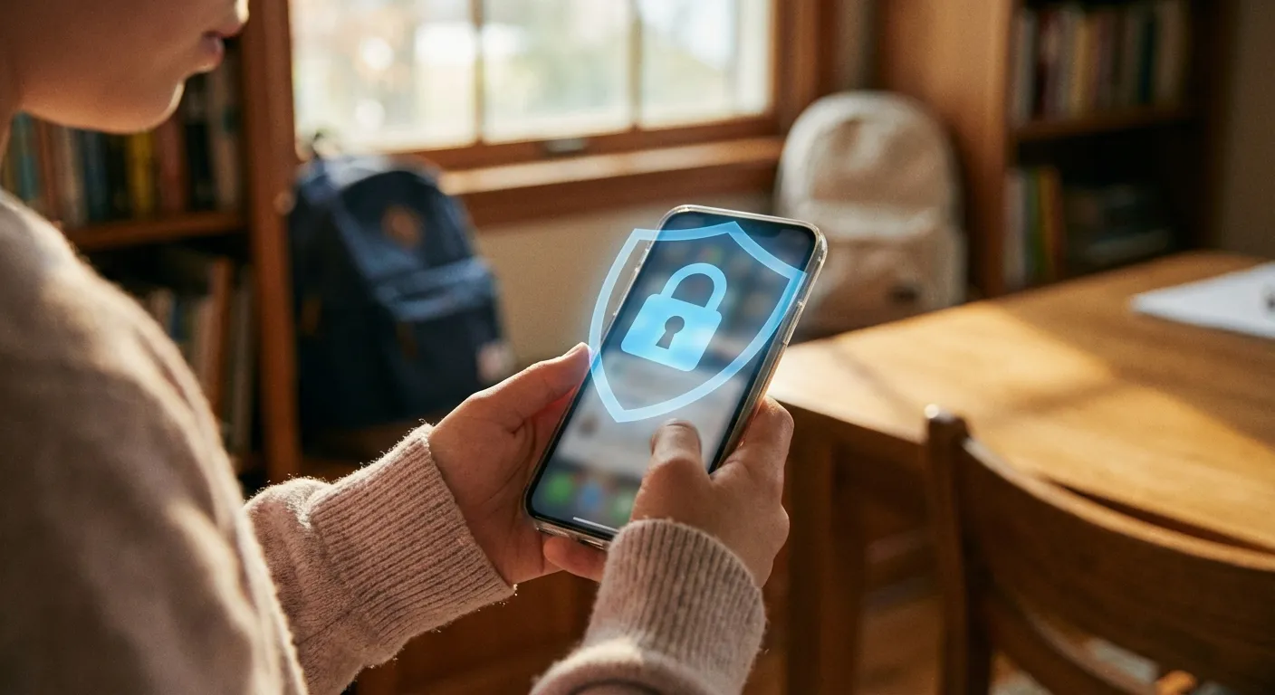 Child holding a smartphone with a protective shield icon overlaid on the screen