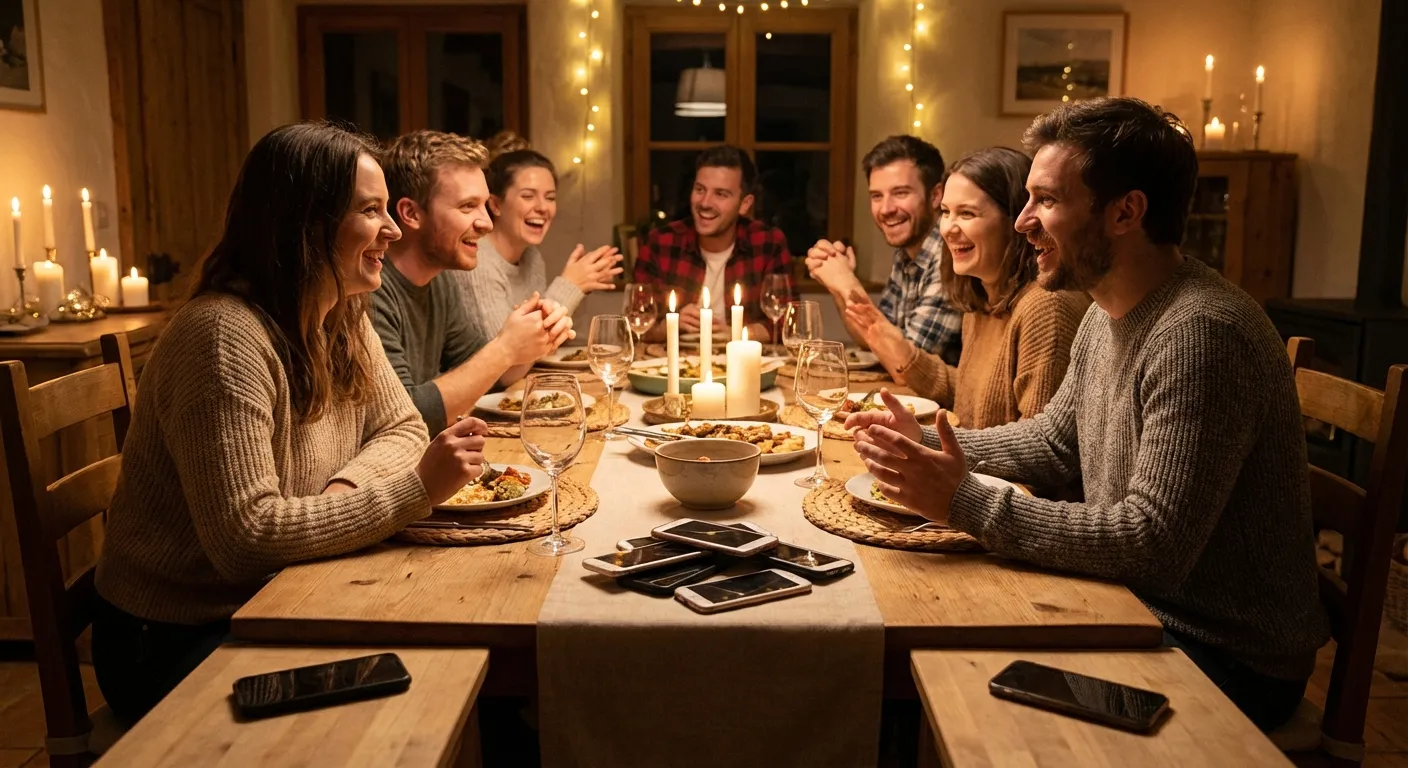 Group of people at dinner party with phones visibly set aside, engaged in genuine conversation