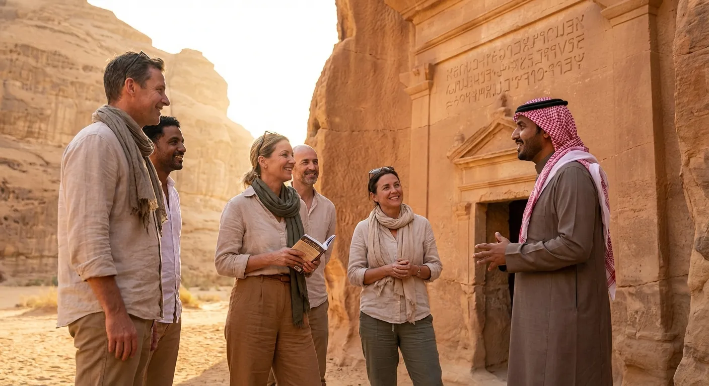 Western tourists exploring ancient AlUla archaeological site with local guides