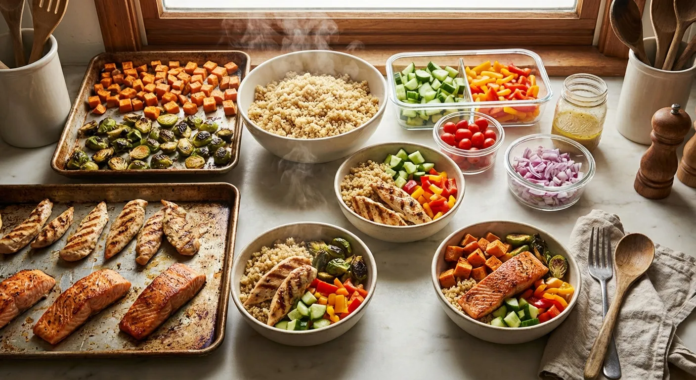 Sheet pans with roasted vegetables and proteins ready for component-style meal assembly