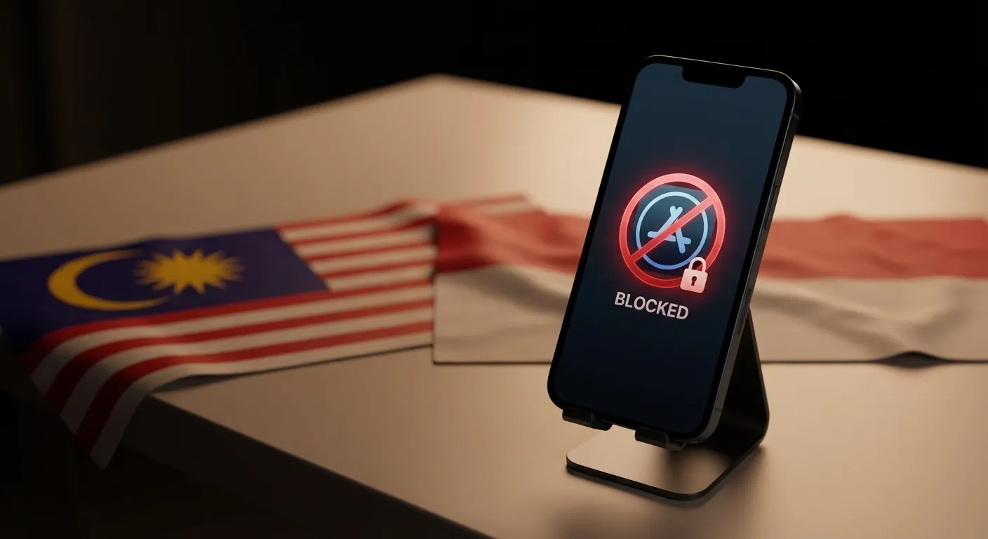 Smartphone showing blocked AI app with Southeast Asian flags in background