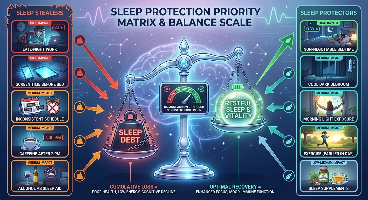 Sleep priority matrix showing impact of lifestyle choices on sleep debt