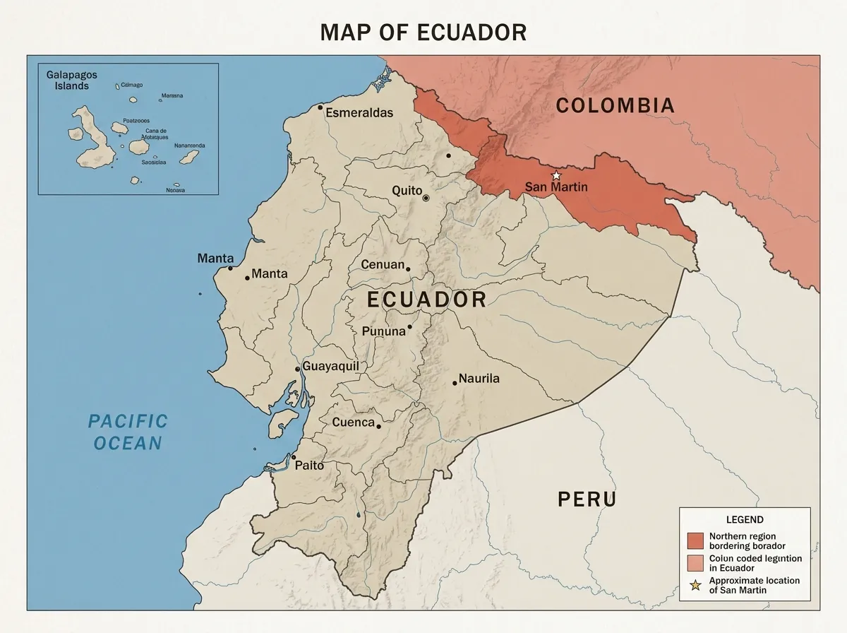 Map of Ecuador highlighting the northern border region near Colombia where the strike occurred