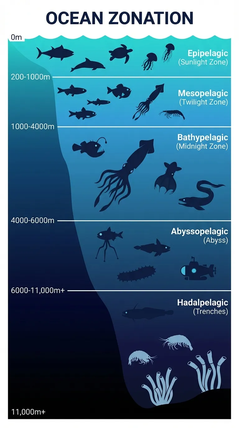 Diagram showing ocean depth zones from sunlit surface to pitch-black abyss