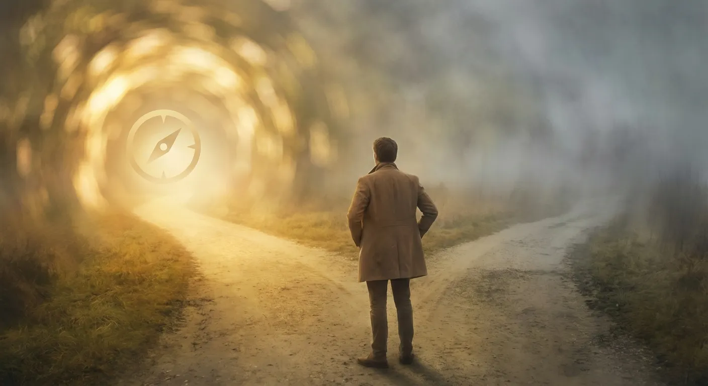 Person standing at a crossroads with one path lit warmly and the other fading