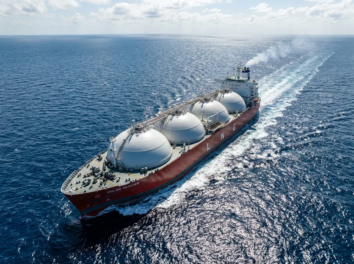 LNG tanker ship crossing open water with distinctive dome-shaped cargo tanks