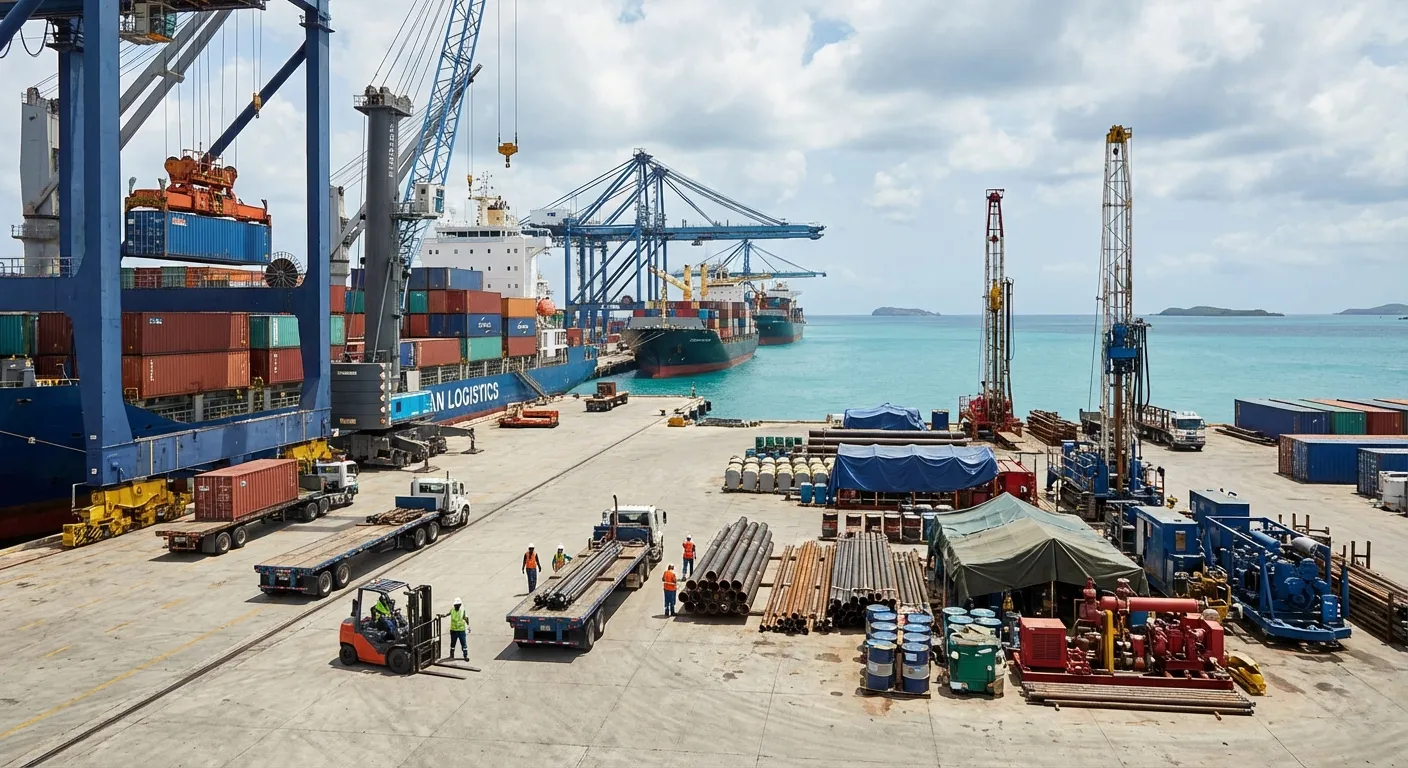 Cargo ships at a tropical port with containers and cranes for energy equipment