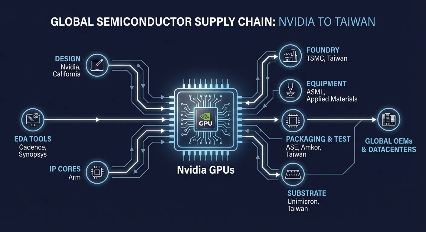 Infographic showing semiconductor supply chain connections between Nvidia and Taiwan