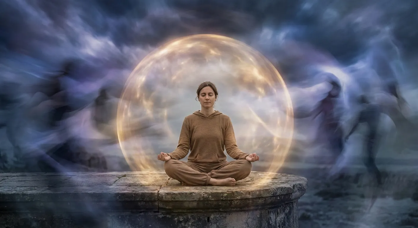Person in a peaceful bubble of calm amid chaotic emotional energy around them