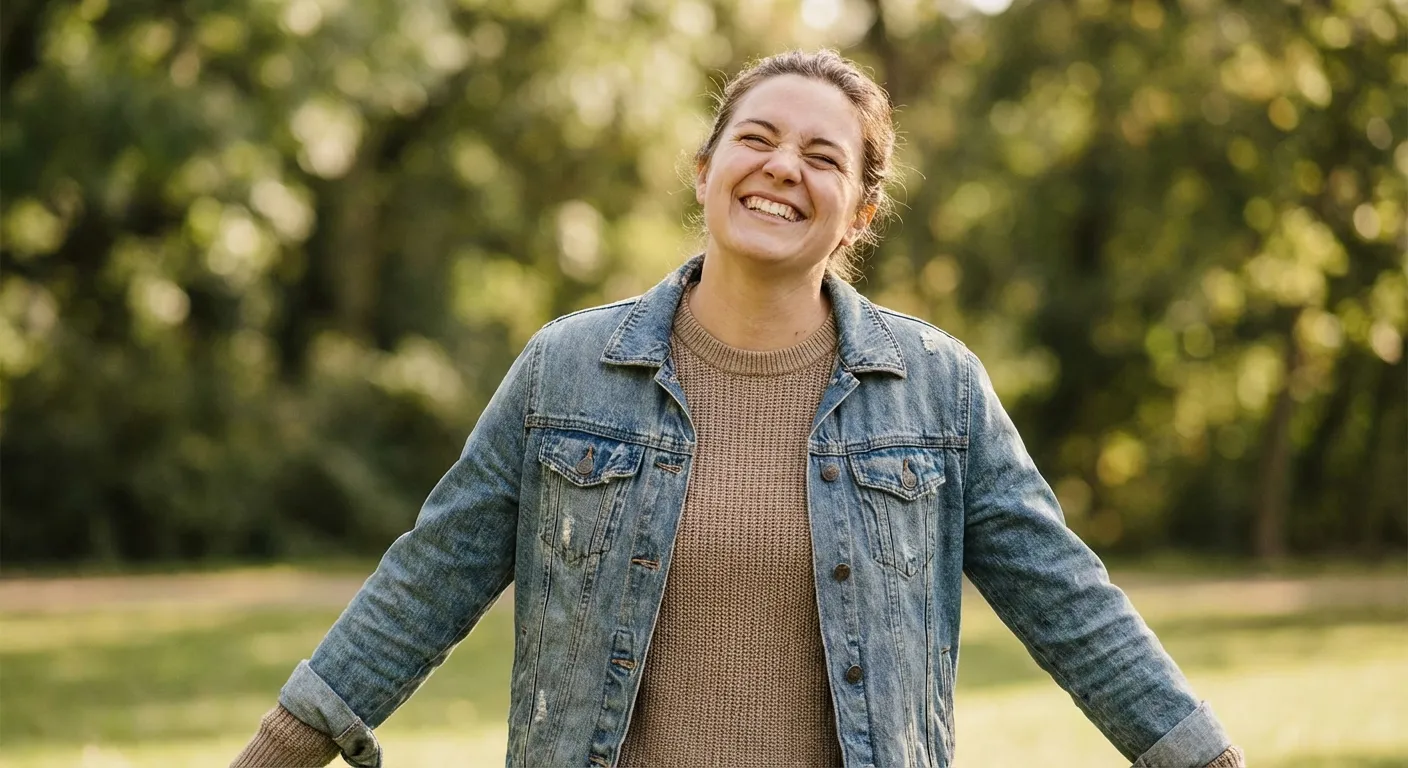 Person laughing genuinely outdoors with relaxed posture and natural joy
