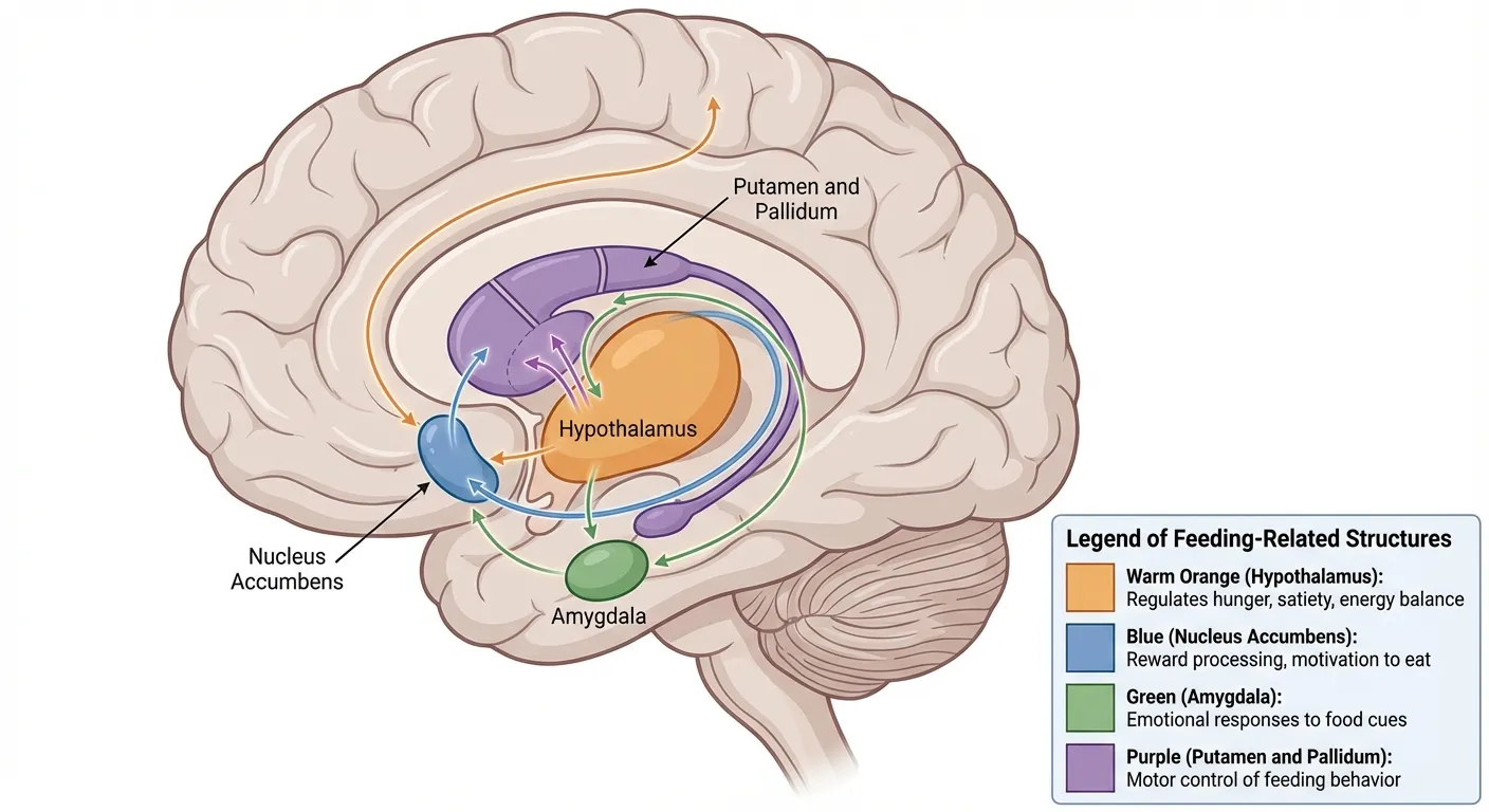 Detailed anatomical diagram of brain regions involved in appetite and reward including hypothalamus and nucleus accumbens