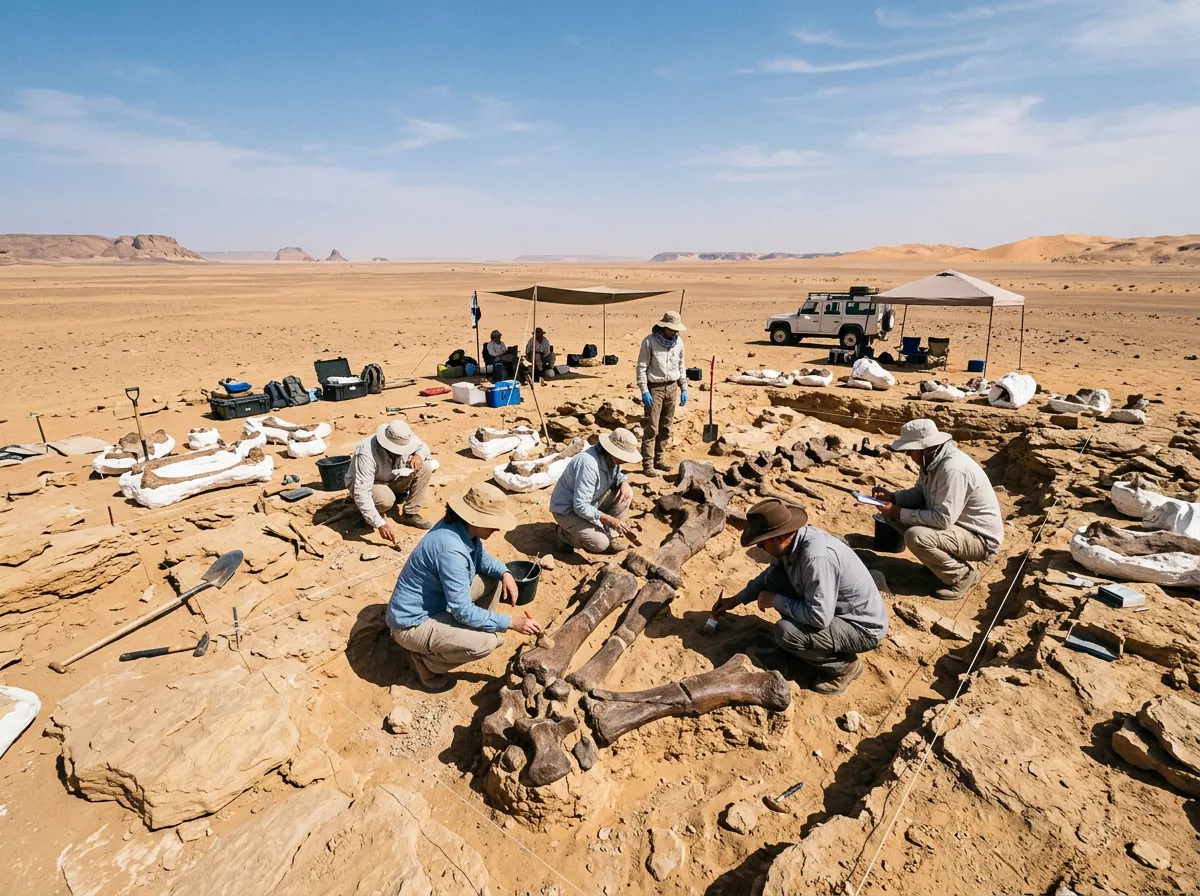Paleontologists excavating fossil bones from sandstone in the Sahara desert