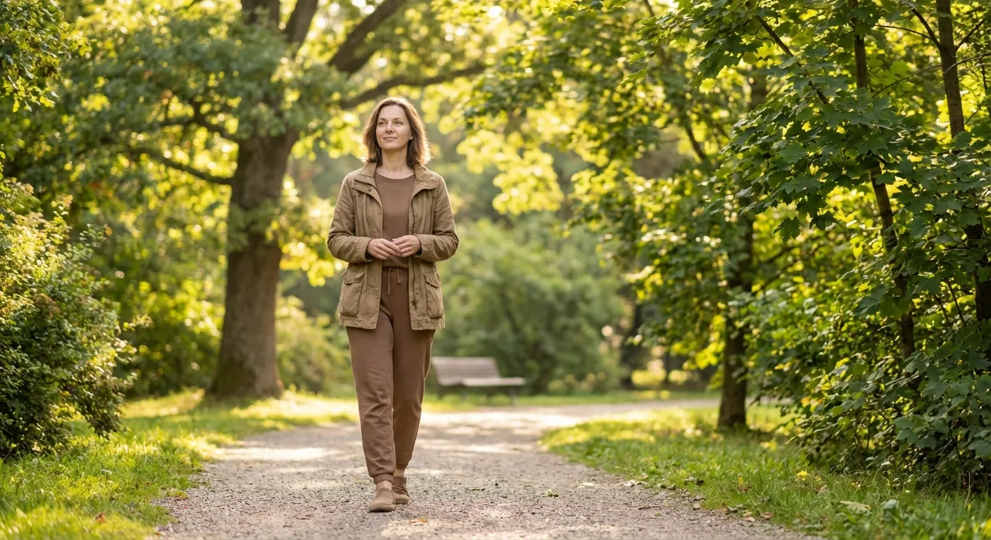 Person walking mindfully on a park path with trees and gentle morning light