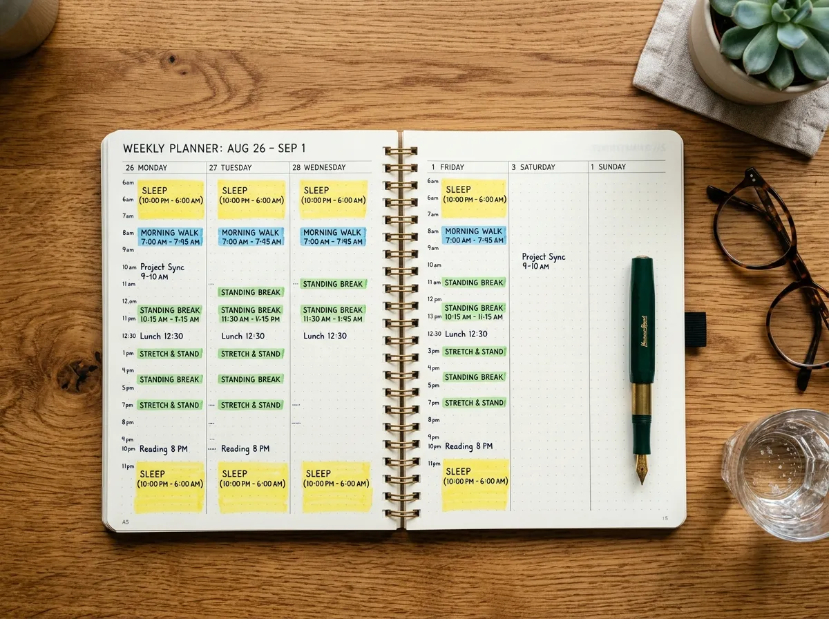 Overhead view of a weekly planner with highlighted walking and sleep blocks