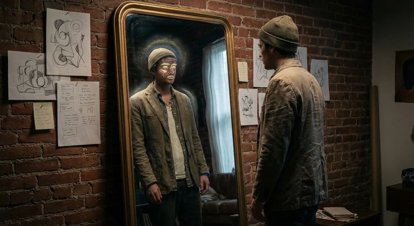 Distorted mirror reflection showing exaggerated differences between two similar people