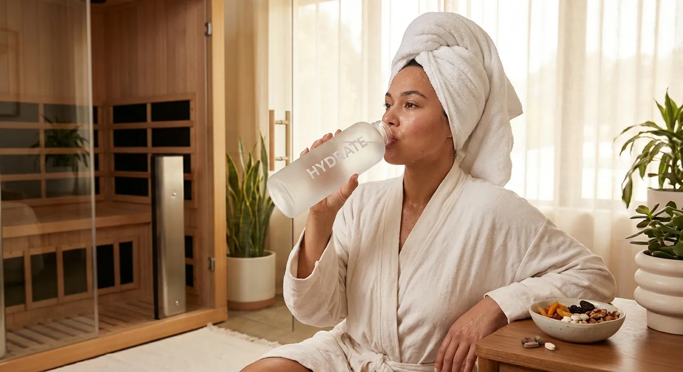 Person hydrating with water bottle after infrared sauna session