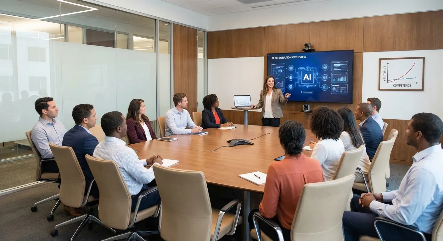 Meeting room scene with confident AI-assisted presenter while others defer to their apparent expertise