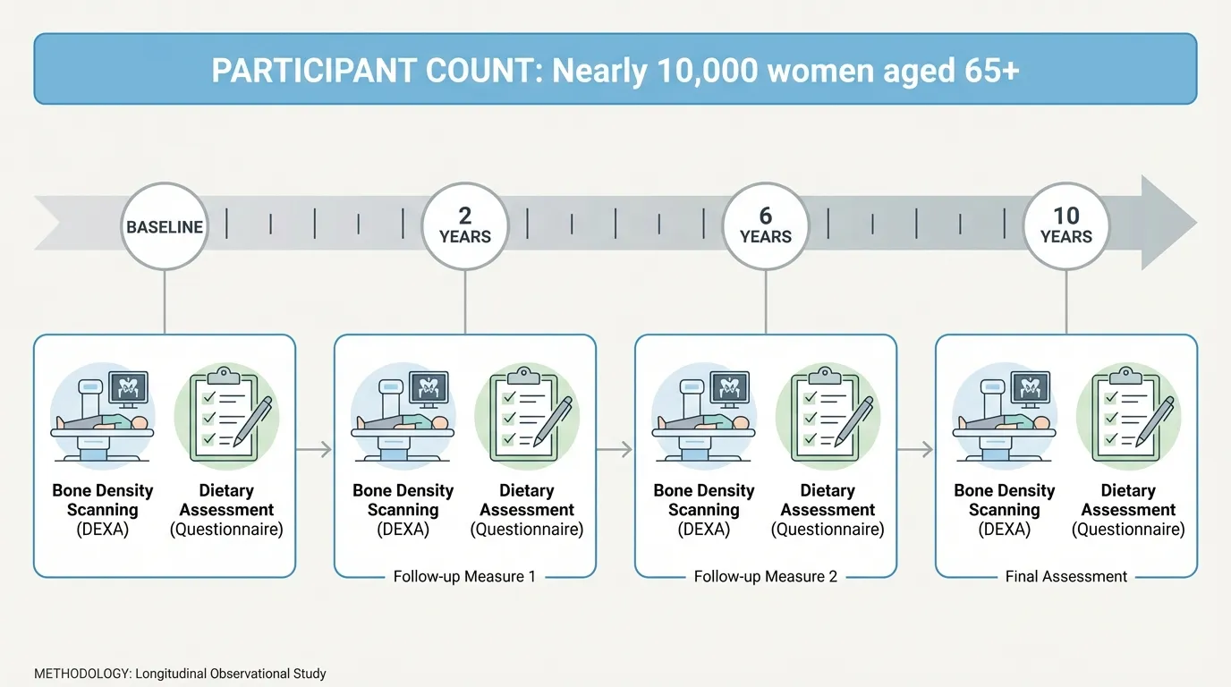 Infographic showing study design with 10-year timeline and measurement intervals