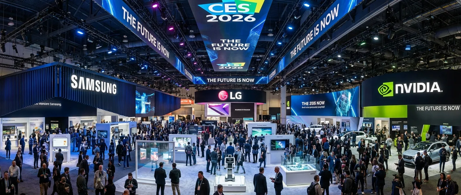 CES 2026 convention floor in Las Vegas with crowds viewing tech displays