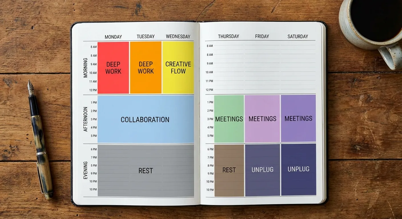 Calendar or planner showing time blocks color-coded by energy level