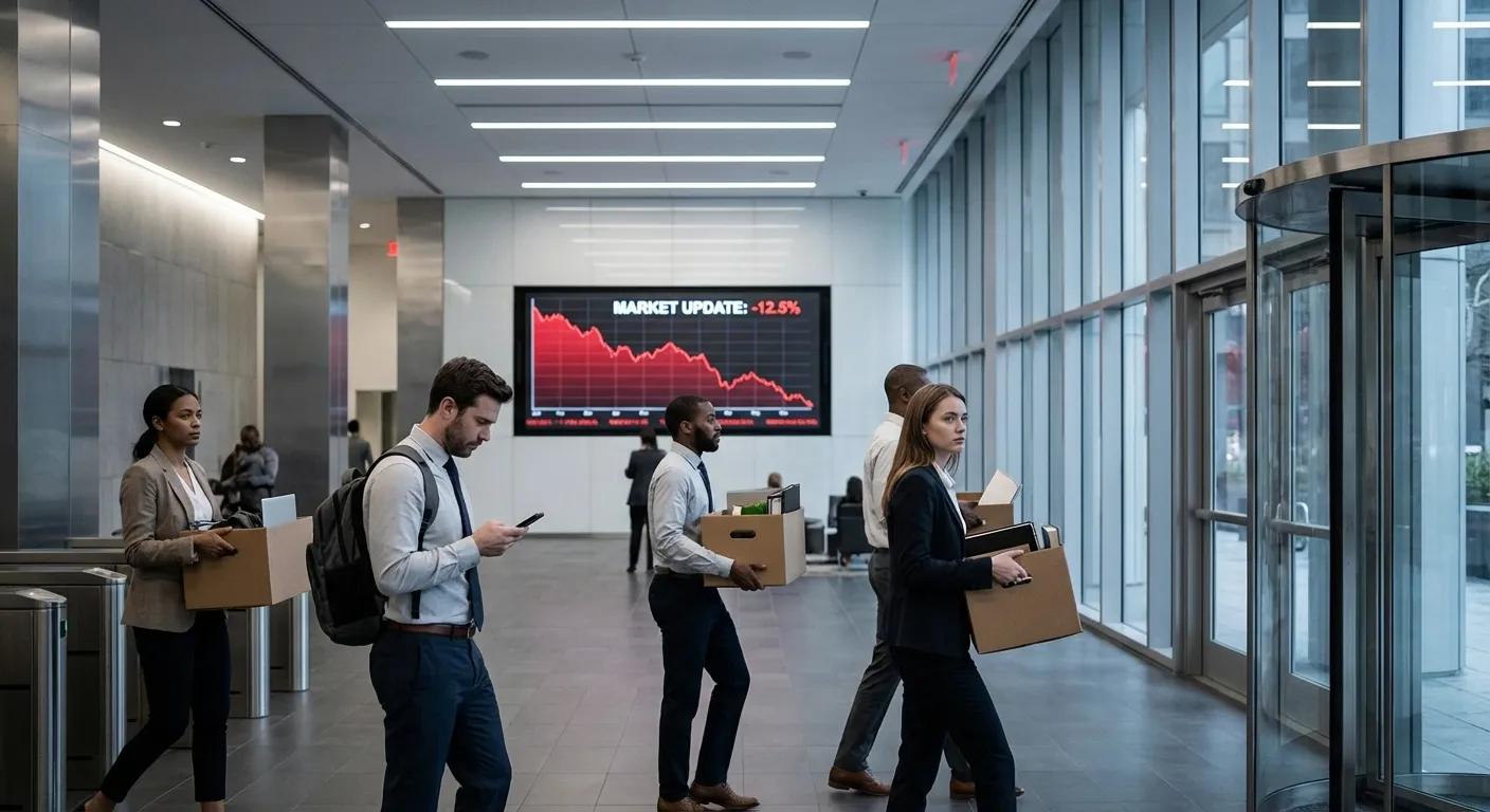 Office workers carrying boxes through a modern corporate lobby with exit signs visible