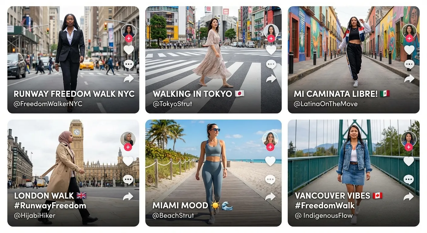 Multiple TikTok video thumbnails showing women walking confidently in different cities