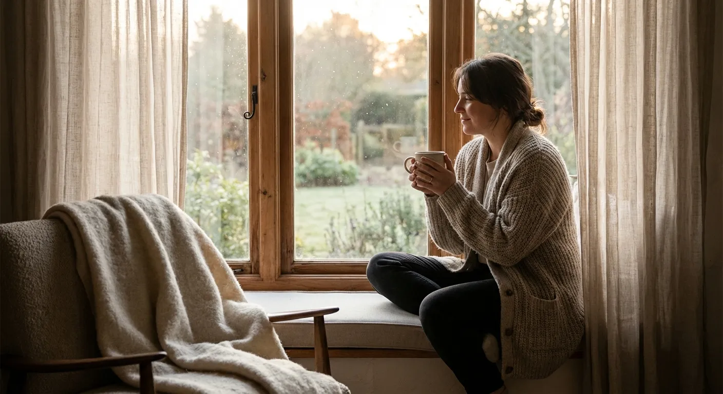 Person sitting peacefully by window with tea, unhurried morning light, sense of intentional stillness