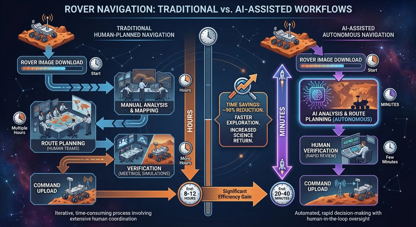Comparison diagram showing traditional human-planned versus AI-planned rover navigation workflows