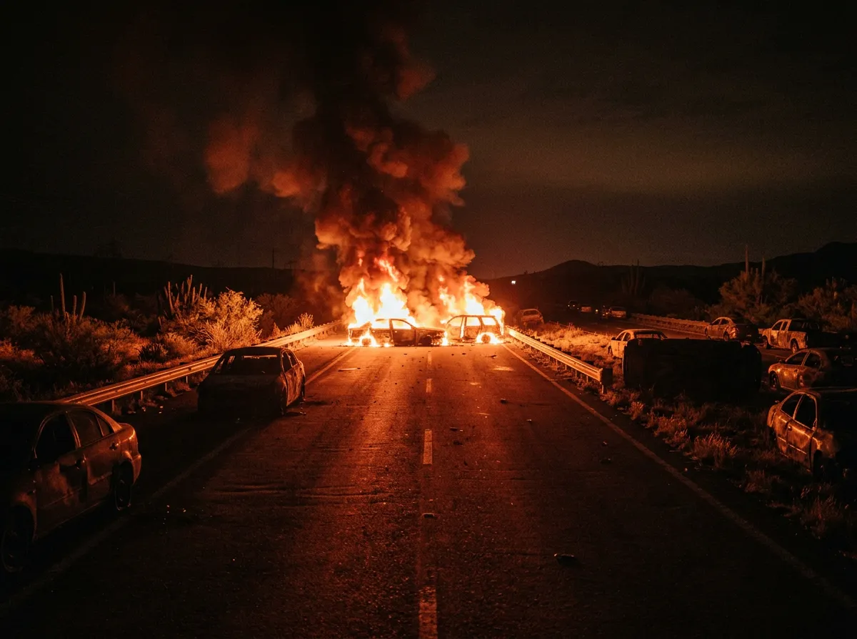 Burning vehicles blocking a highway in Mexico during cartel retaliatory violence