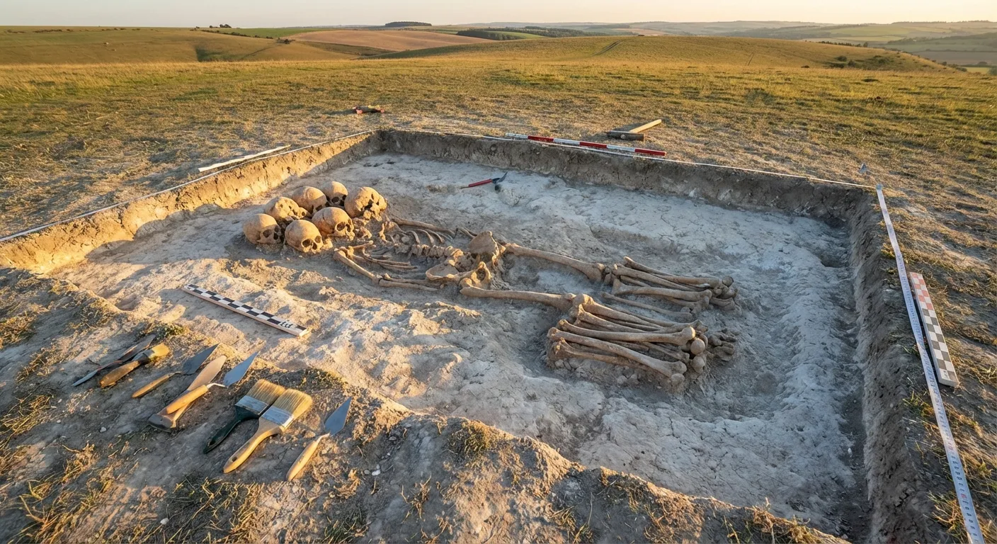Archaeological excavation of Viking Age burial pit showing exposed skeletal remains