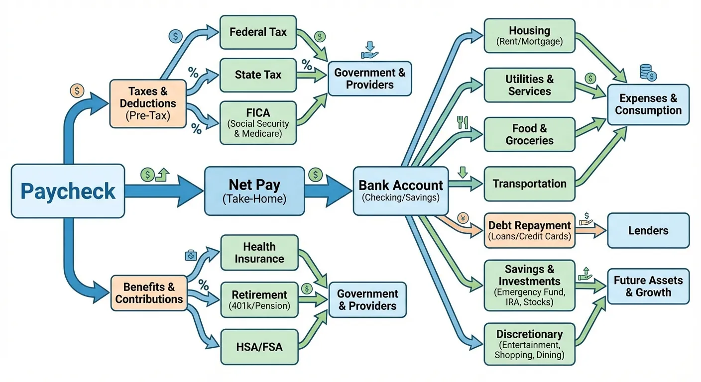 Diagram showing automated money flow from paycheck to different accounts