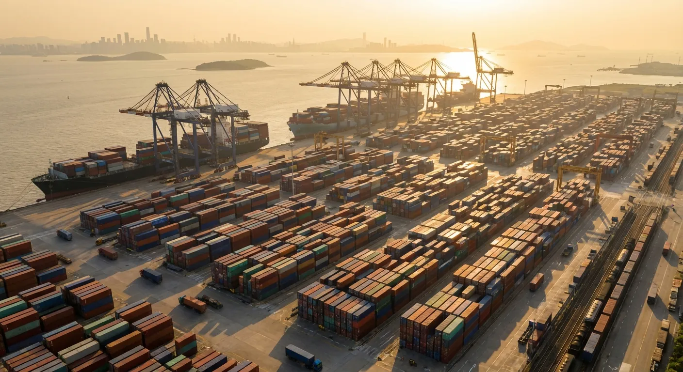 Container ships at busy Chinese port with stacked shipping containers