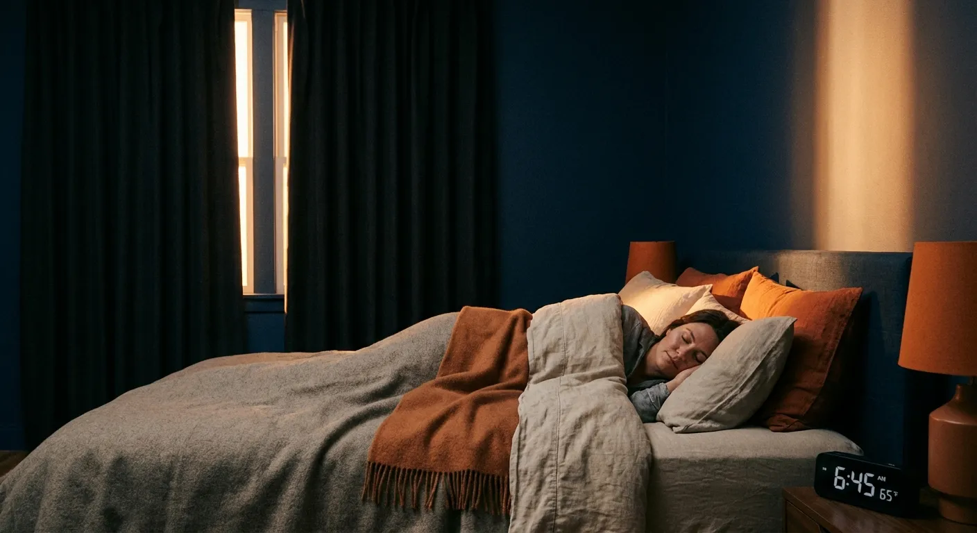 Person sleeping peacefully in a dark bedroom with soft morning light beginning to appear