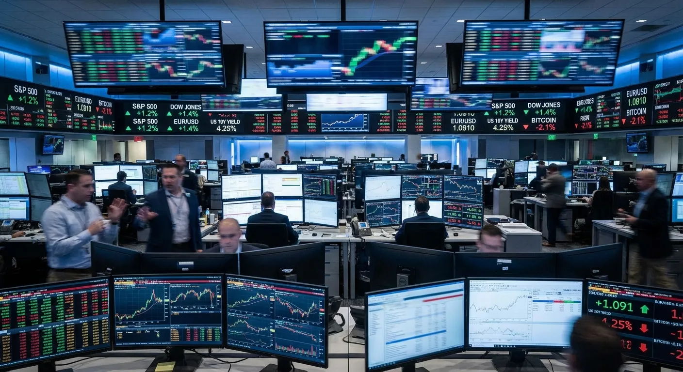 Financial market trading screens showing mixed signals and volatility