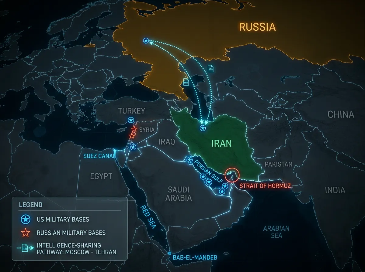 Map showing Russia Iran and US military positions in the Middle East region