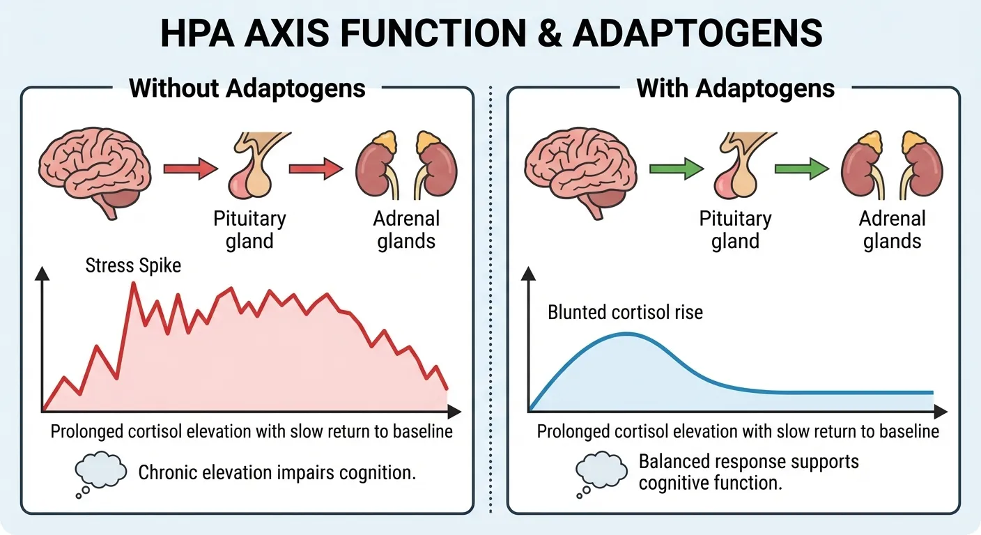 Comparison of HPA axis function with and without adaptogen support showing stress response and recovery