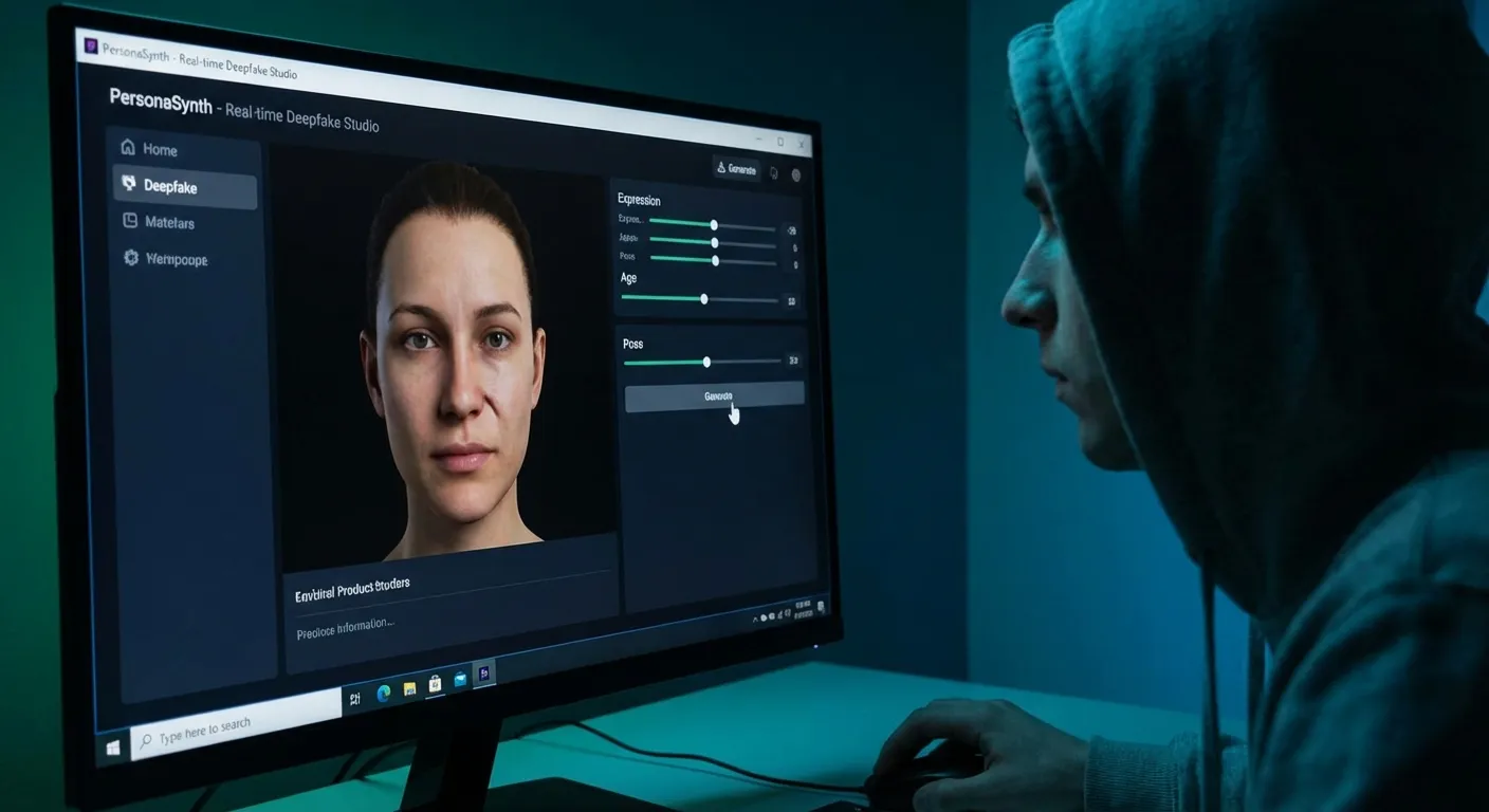 Computer screen showing deepfake creation software with realistic AI-generated face