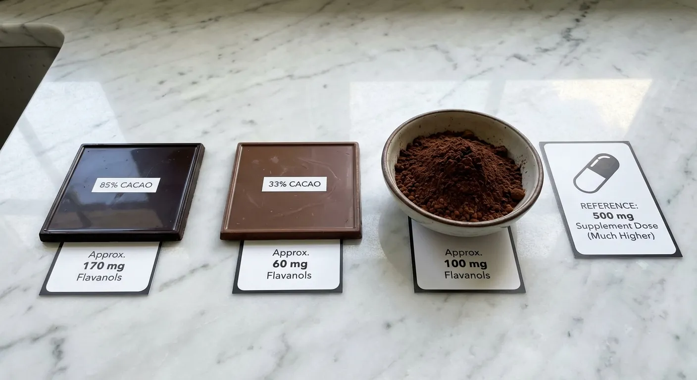 Comparison of dark chocolate bar, milk chocolate bar, and cocoa powder side by side