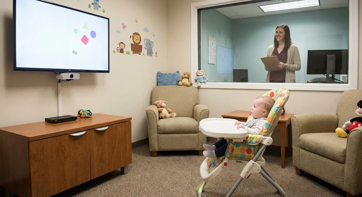 Research laboratory setup showing infant looking study with eye-tracking equipment