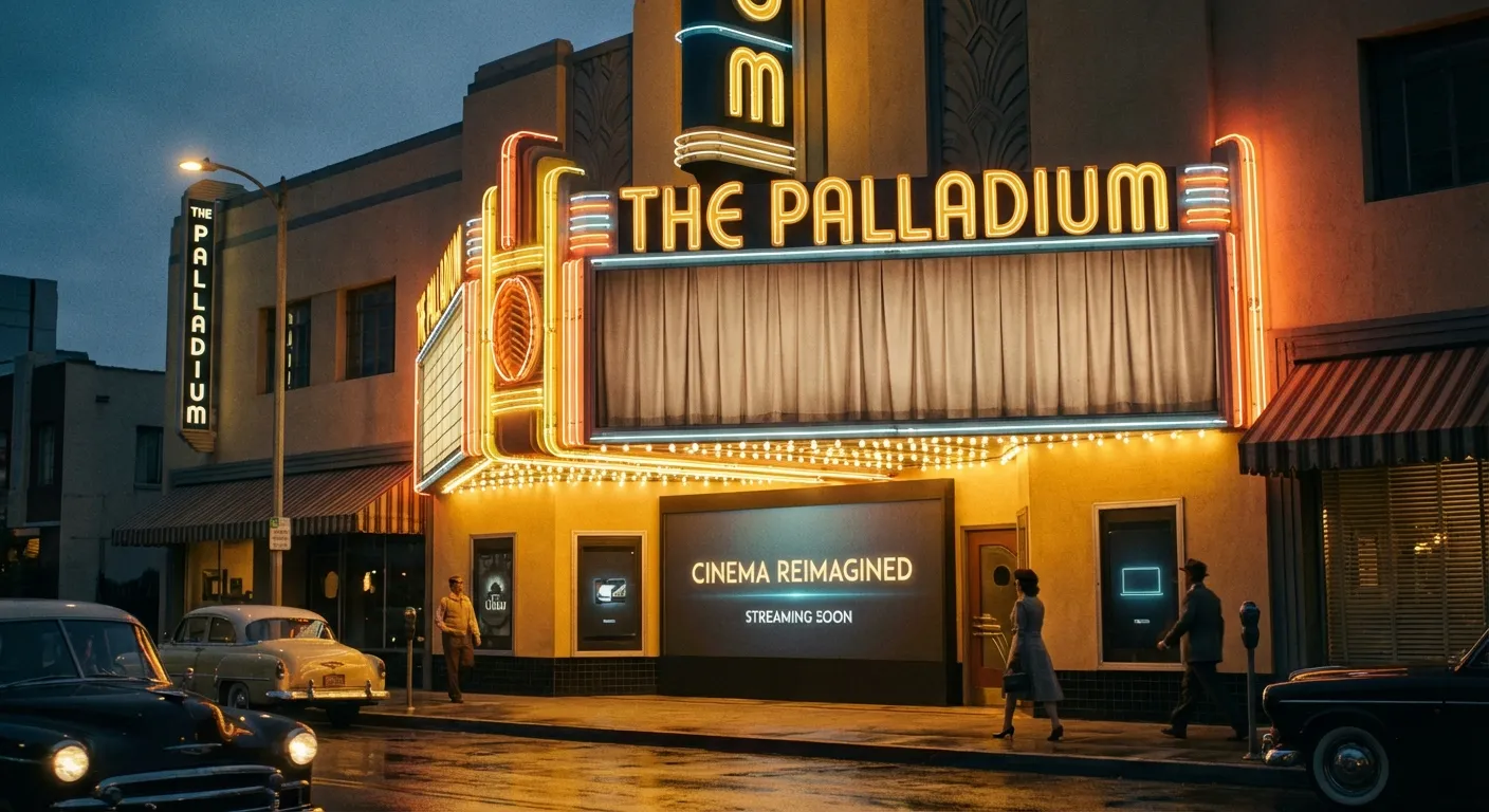 Movie theater marquee with studio logos representing Hollywood consolidation