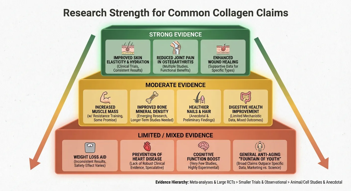 Chart comparing evidence strength for collagen benefits: skin elasticity, joint pain, hair/nails, gut health
