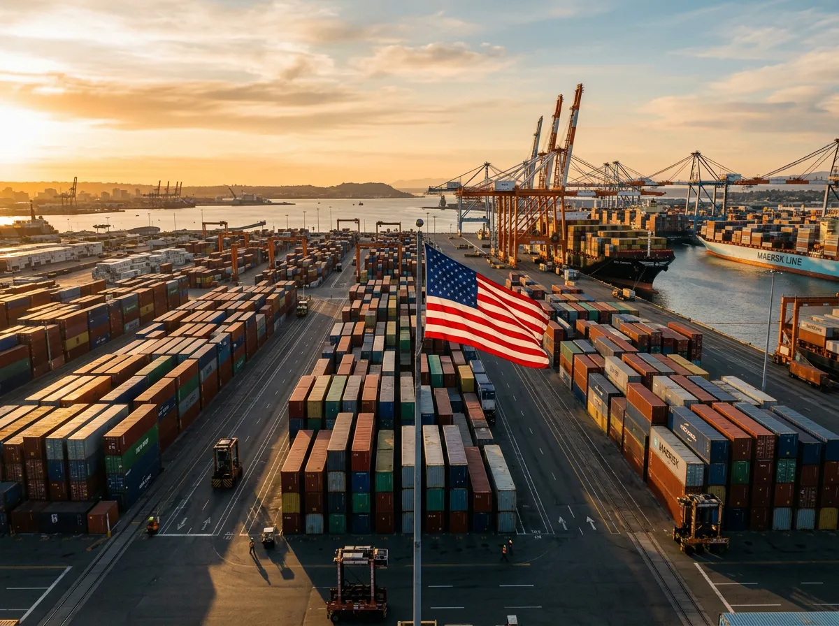Cargo containers stacked at a port with American flag in background