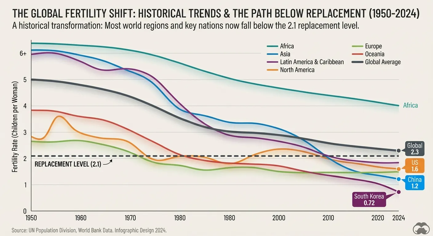 Infographic showing global fertility rates declining across all regions from 1950 to 2024