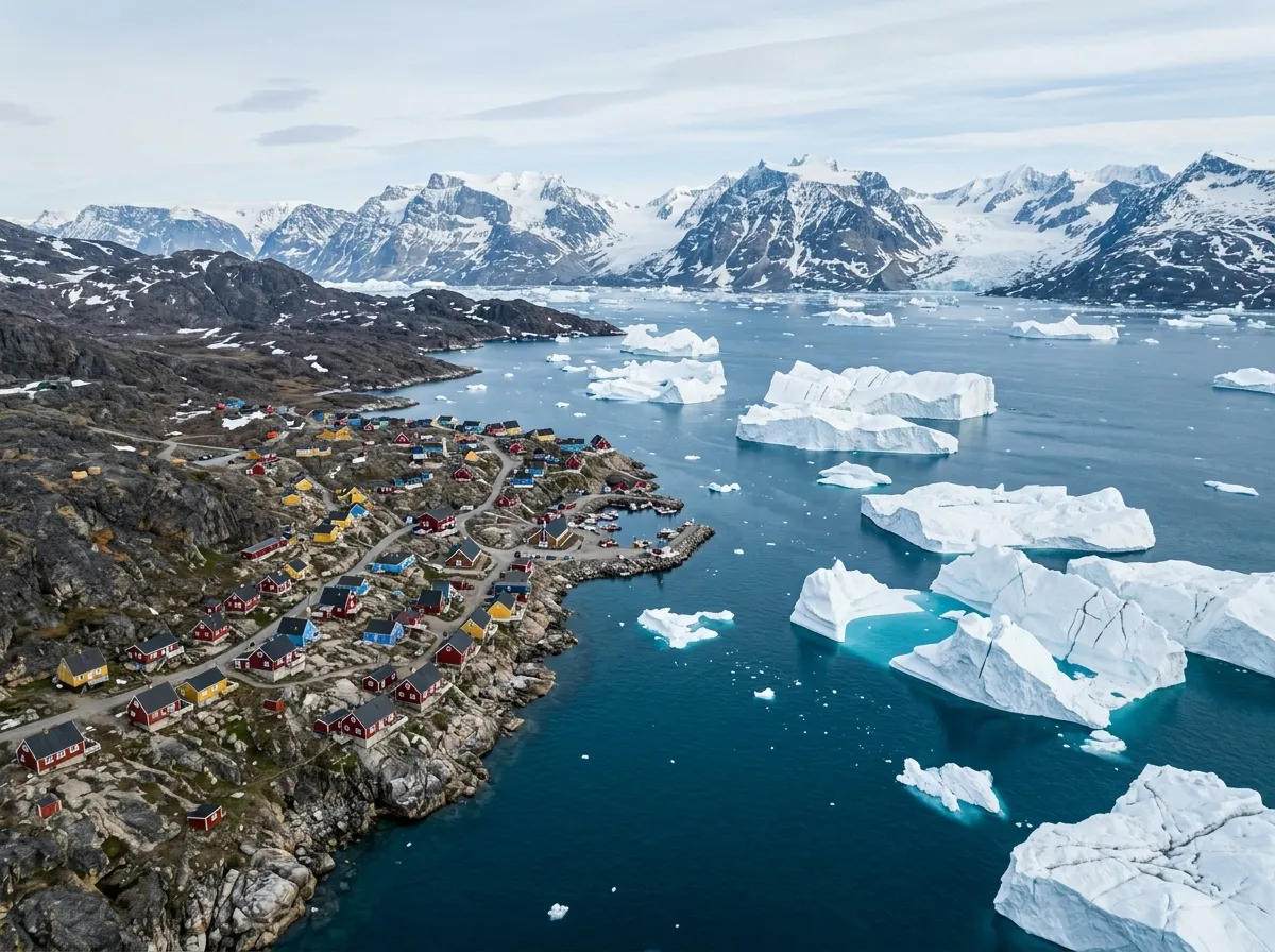 An aerial view of Greenland's icy coastline with small colorful houses